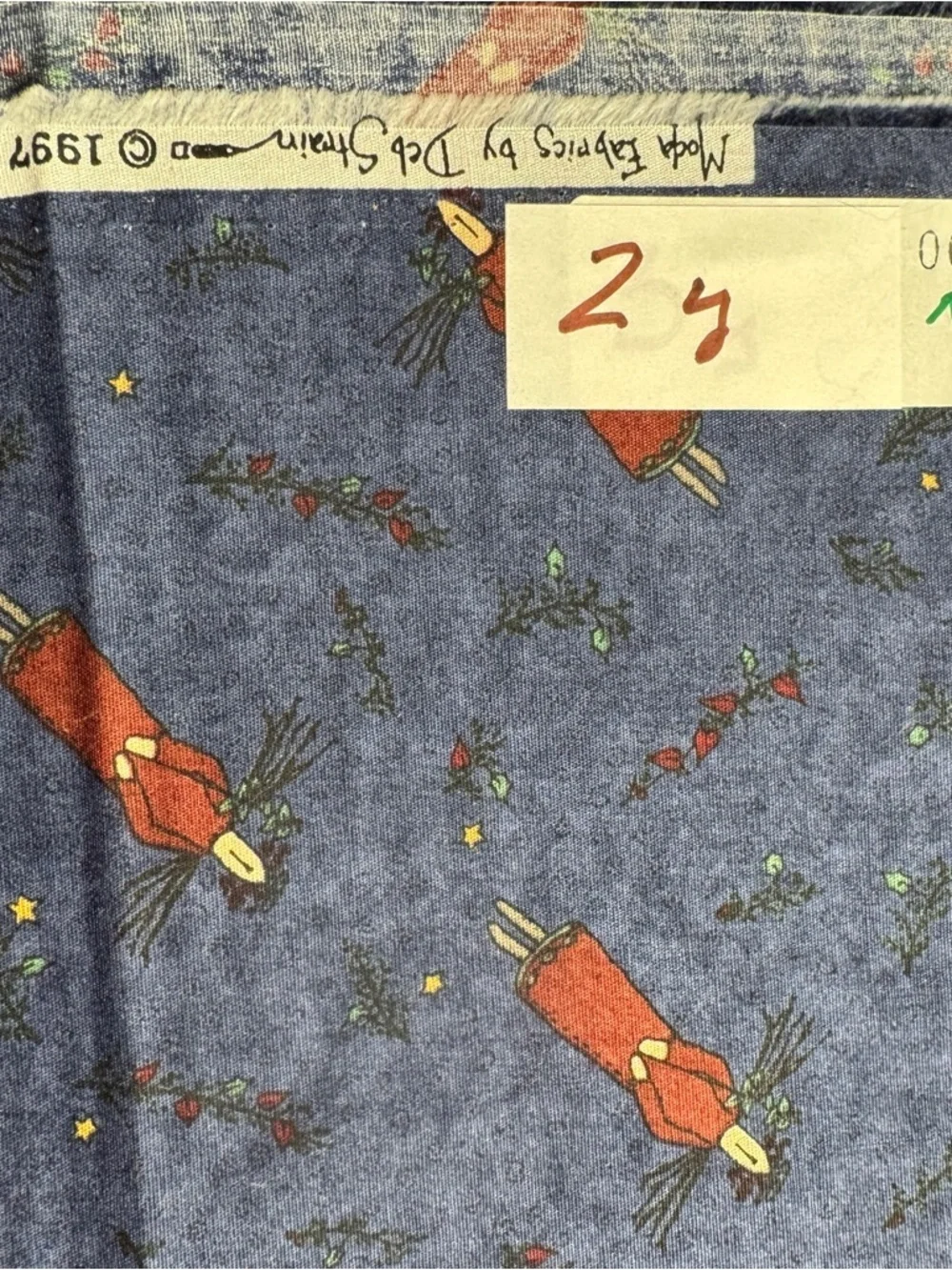 2 Yards Whimsical Red Doll Print on Heather Blue Cotton Quilt Fabric #370